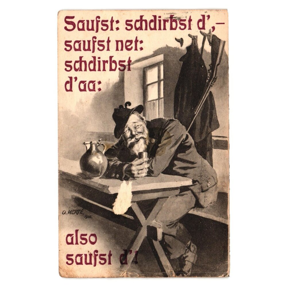Antique 1907 German Art Postcard Saufst Schdirbst Print Bavarian Humor Beer